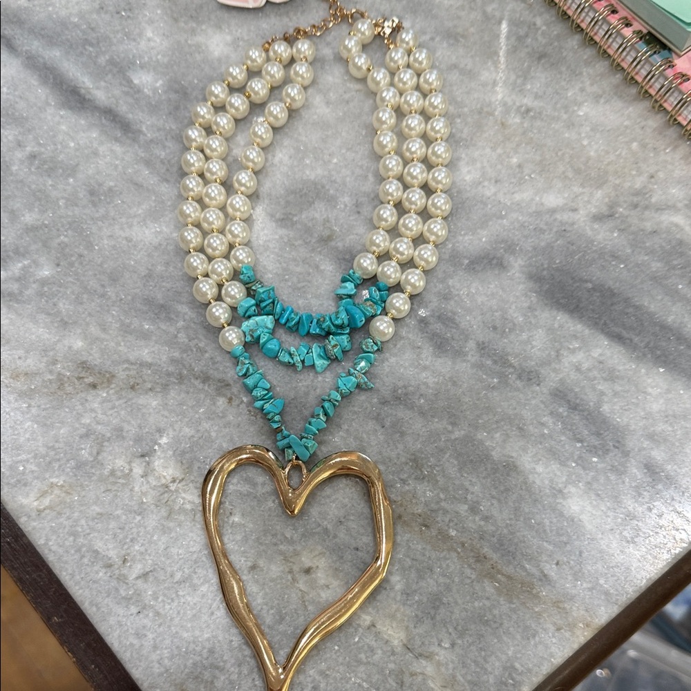 Pearl and Turquoise Multi-Strand Necklace with Gold Heart Pendant, New. - Picture 2 of 4